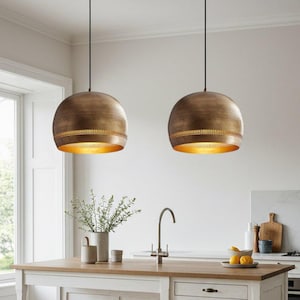 Set of 2 Hammered dome lamp , handmade brass lamp , Copper Light Dome Lamps , Kitchen Lighting ,Copper Patina Lamp , Green Light Fixture