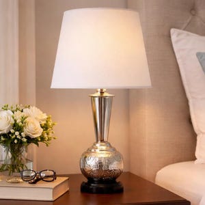 Silver Table Lamp – White Linen Shade, Etched Detail, 22in | Modern Traditional Accent Lamp