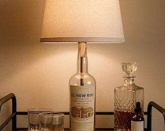 Upcycled Glass Table Lamp | Bourbon Bottle - Ol’ New Riff with Natural Drum Shade