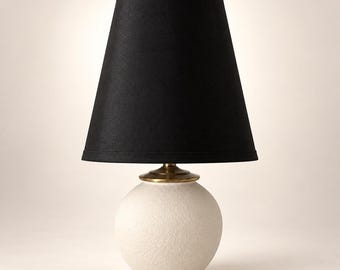 White Pottery Table Lamp with Black Silk Shade and Retro Cord
