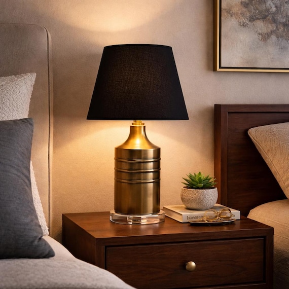 Antique Brass Table Lamp - Black Shade Lucite Base - 18in Vintage Accent Lamp