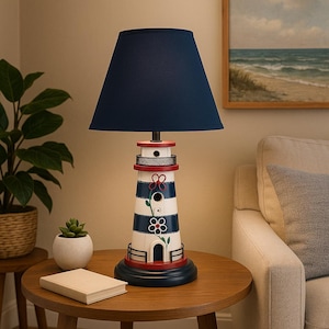 Handmade Lighthouse Birdhouse Lamp with Navy Silk Shade – Coastal Nautical Decor