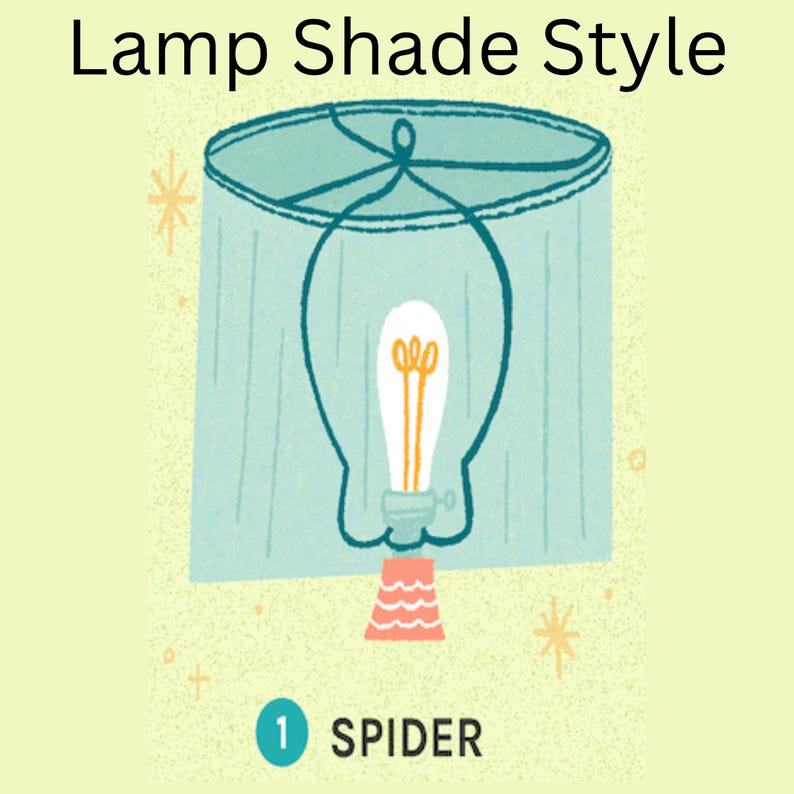 Op de afbeelding: Illustratie van een lampenkapstijl met een turquoise lampenkap en een gloeilampontwerp. De tekst "Lamp Shade Style" staat bovenaan, en het nummer "1" en het woord "SPIDER" staan onderaan.