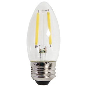 Op de afbeelding: Heldere LED-lamp met een kandelaarvoet. De lamp heeft twee verticale gele filamenten in een heldere, druppelvormige glazen behuizing. De voet is van zilverkleurig metaal.