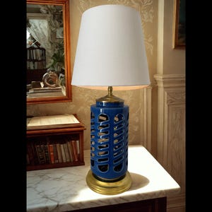 Blue Ceramic Table Lamp – 22” Tall with Brass Base & White Linen Empire Shade – Modern Classic Accent Lighting