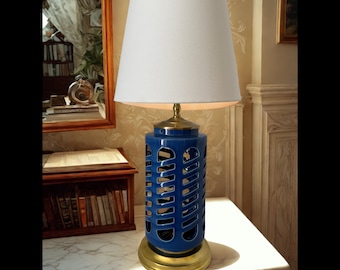Blue Pottery Table Lamp with White Linen Shade