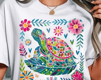 Boho Floral Sea Turtle Watercolor Png - Nautical Design Png
