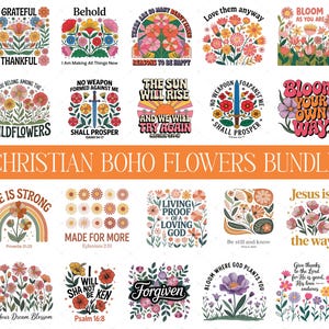 30 Christian Boho Flowers PNG Bundle, Inspirational Bible Verse Quote, Faith-Based Printable Art Png, Vintage Floral Christian Shirt Png