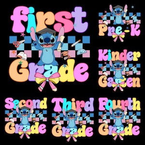 6 Preppy Pre-K To 4th Grade Png Bundle, Cartoon Pastel Bow Png, Cartoon First Day Of School Png, Blue Alien Back To School Png