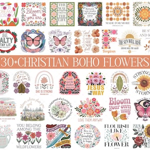 30+ Christian Boho Flowers PNG Bundle, Inspirational Bible Verse Quote, Faith-Based Printable Art Png, Vintage Floral Christian Shirt Png