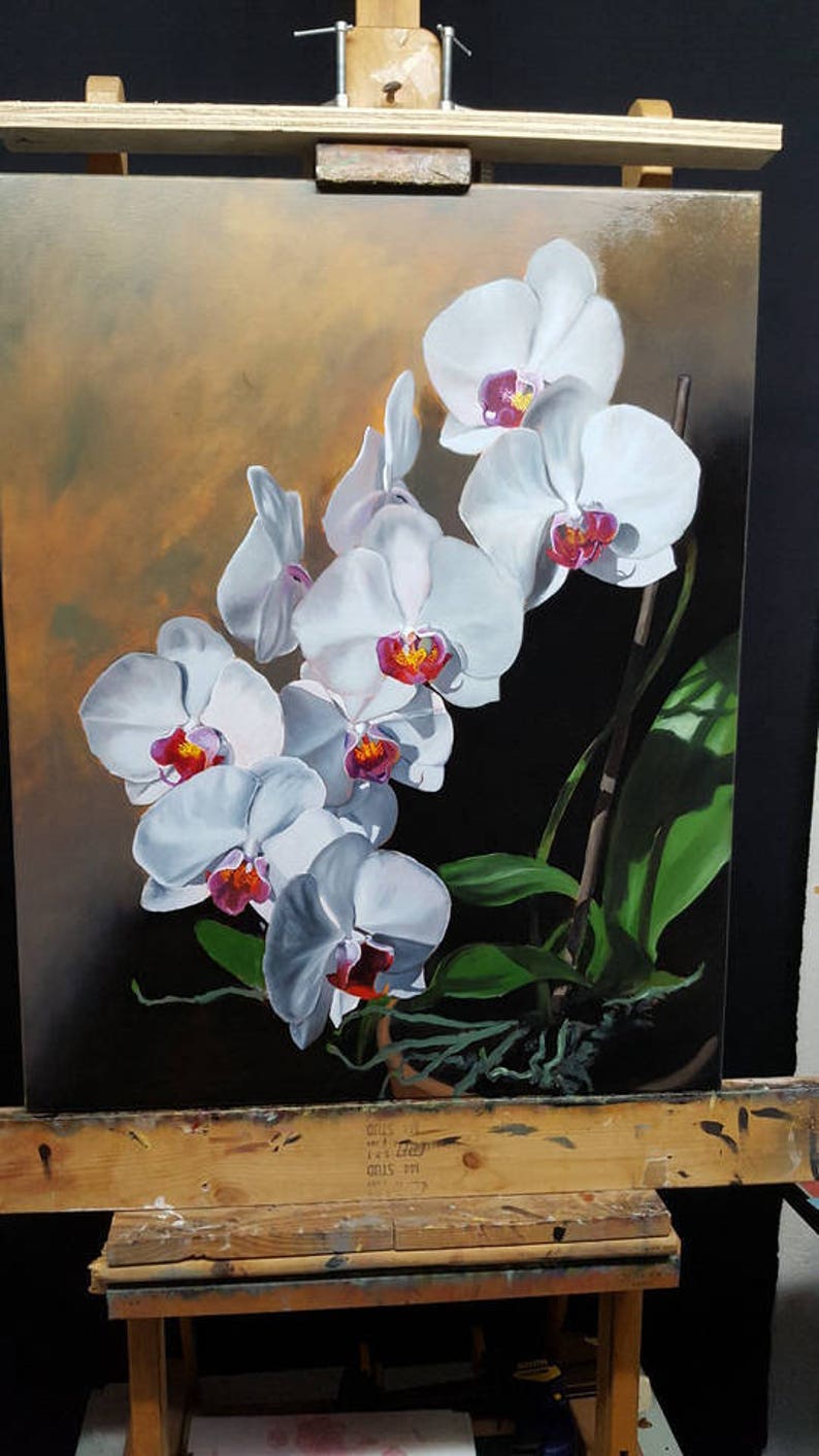 White Orchids realistic oil painting on canvas by artist Etsy