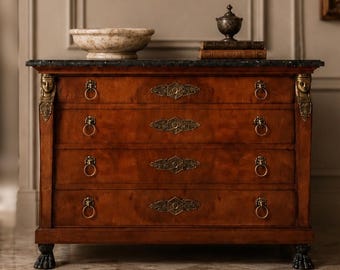 Vintage Henredon Egyptian Revival Marble Top Chest | Empire Style Bronze Mounted Burlwood Commode | Dresser