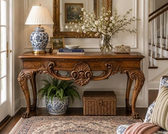 Hand Carved Rococo Console Table | Baroque Revival Ball Claw Legs, Walnut Finish