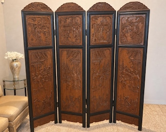 Vintage Hand Carved Chinese Folding Screen Room Divider | Chinoiserie Hollywood Regency Decor | 6ft Four Panel Screen