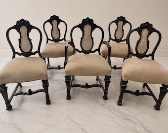 Victorian Revival Balloon Back Chairs Set | Carved Wood, Velvet Upholstery (Set of 5)