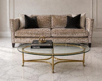 Vintage Brass Oval Coffee Table | Glass Top, Hoof Feet, LaBarge Style, Maison Jansen Style