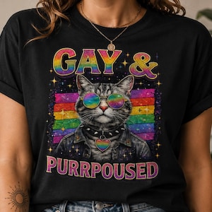 Camiseta LGBTQ para amantes de los gatos, camiseta gay y con propósito, divertida camiseta unisex con estampado de gato arcoíris.