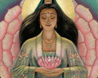 KUANYIN PINK LOTUS Blossom Zen Buddhist Spiritual Goddess Art Poster Painting by Sue Halstenberg