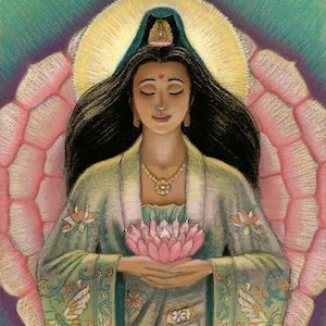 KUANYIN PINK LOTUS Blossom Zen Buddhist Spiritual Goddess Art Poster Painting by Sue Halstenberg