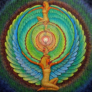 May include: A colorful painting of a winged goddess with a circular design. The goddess is depicted with outstretched arms and a crown. The wings are made up of concentric circles of green, blue, and yellow.