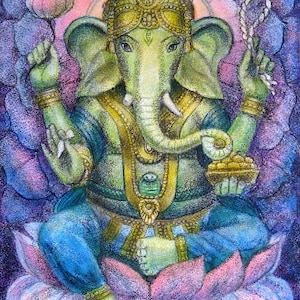GANESHA LOTUS Hindu India Elephant Spiritual Art Poster Print Buddhist Meditation by Sue Halstenberg image 1