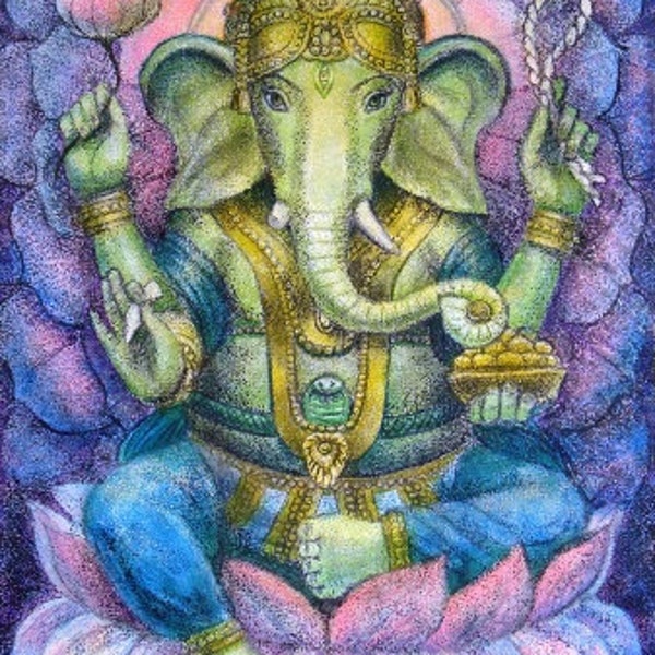 GANESHA LOTUS Hindu India Elephant Spiritual Art Poster Print Buddhist Meditation by Sue Halstenberg