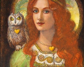 ATHENA OWL GODDESS "Wise Ones" Minerva Celtic Roman Greek Art Mythology Portrait Print of Painting by Sue Halstenberg