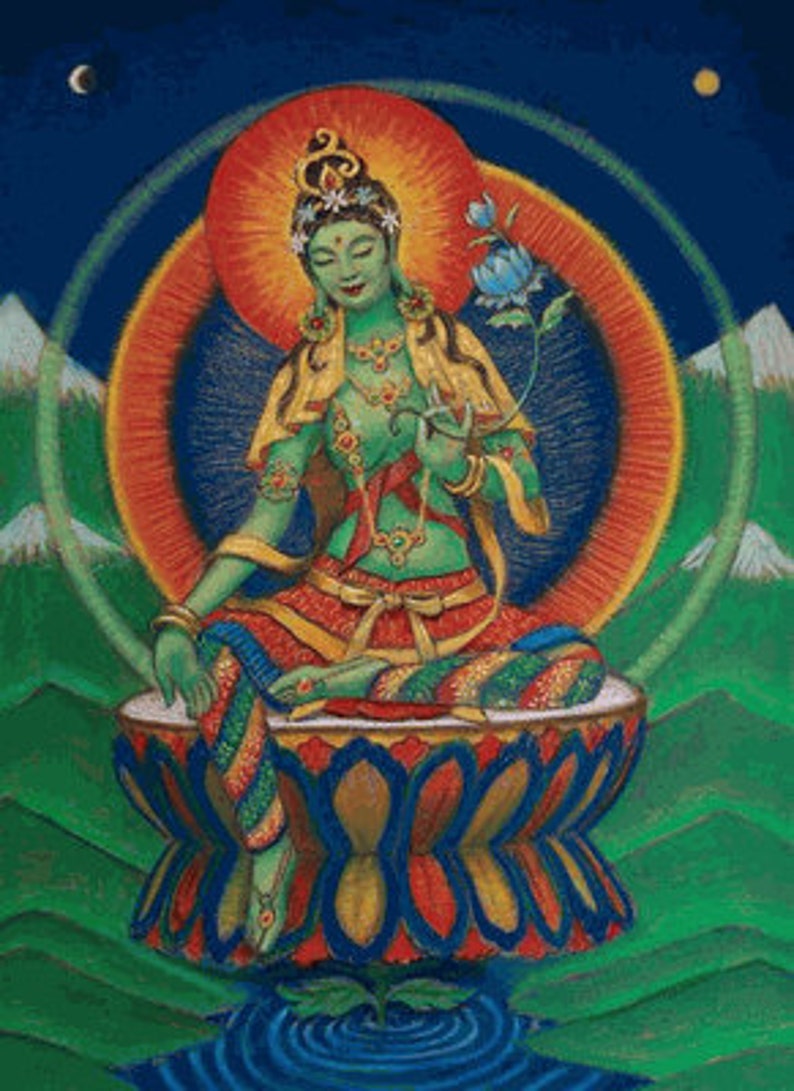 GREEN TARA GODDESS Spiritual Tibetan Buddhism Meditation Art Print Poster by Sue Halstenberg image 1