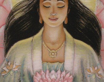 観音 ピンク 蓮の花 禅仏教 スピリチュアル 女神 アート ポスター 絵画