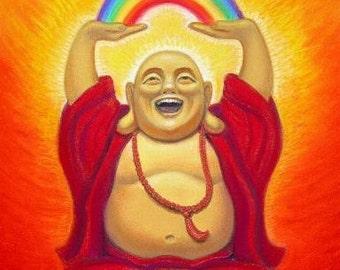 LAUGHING BUDDHA RAINBOW of Prosperity Zen Buddhist Maitraya Art Poster Painting by Sue Halstenberg