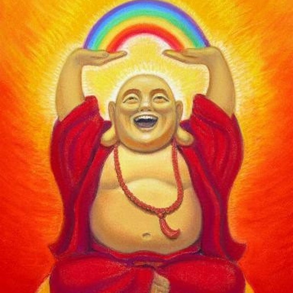 LAUGHING BUDDHA RAINBOW of Prosperity Zen Buddhist Maitraya Art Poster Painting by Sue Halstenberg