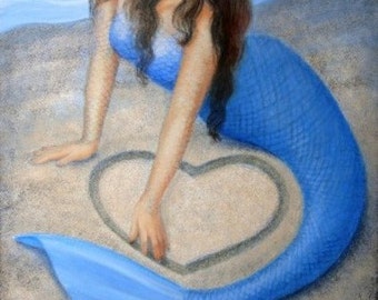 BLUE MERMAID HEART  Beach Fantasy Print Poster Painting Art by Sue Halstenberg