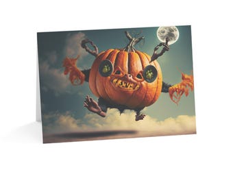 Flying Pumpkin Monster Halloween Card | Weird Surreal Art | Single Card