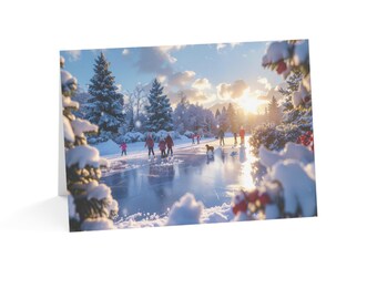 Skating on the Bogs Holiday Card | Winter New England Art | Single Card