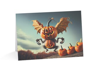 Winged Pumpkin Halloween Card | Surreal Jack-O'-Lantern Art | Single Card