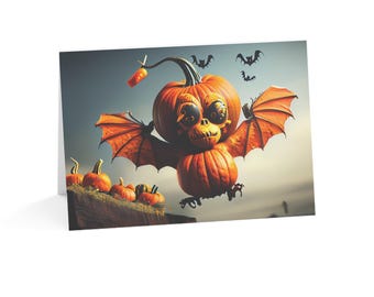 Bat Pumpkin Halloween Card | Surreal Spooky Jack-O'-Lantern Art | Single Card