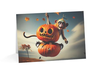 Pumpkin Stack Halloween Card | Surreal Monkey Jack-O'-Lantern Art | Single Card