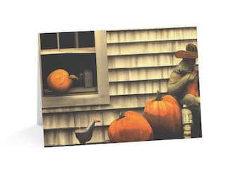 Strange Visitors Halloween Card | Surreal Pumpkin Porch Art | Single Card