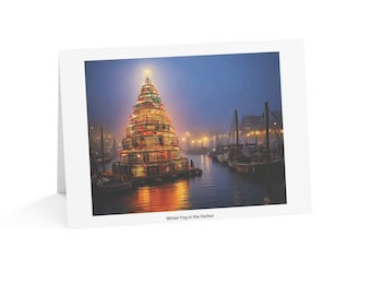 Winter Fog in the Harbor Christmas Card | Coastal New England Holiday Art | Single Card