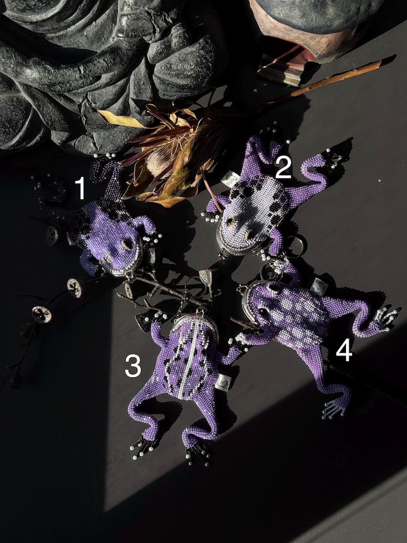 May include: Four beaded frog-shaped ornaments in varying shades of purple, with black and white accents. Each frog has a silver-toned clasp. The frogs are arranged on a dark surface, with a few dried plants in the background.