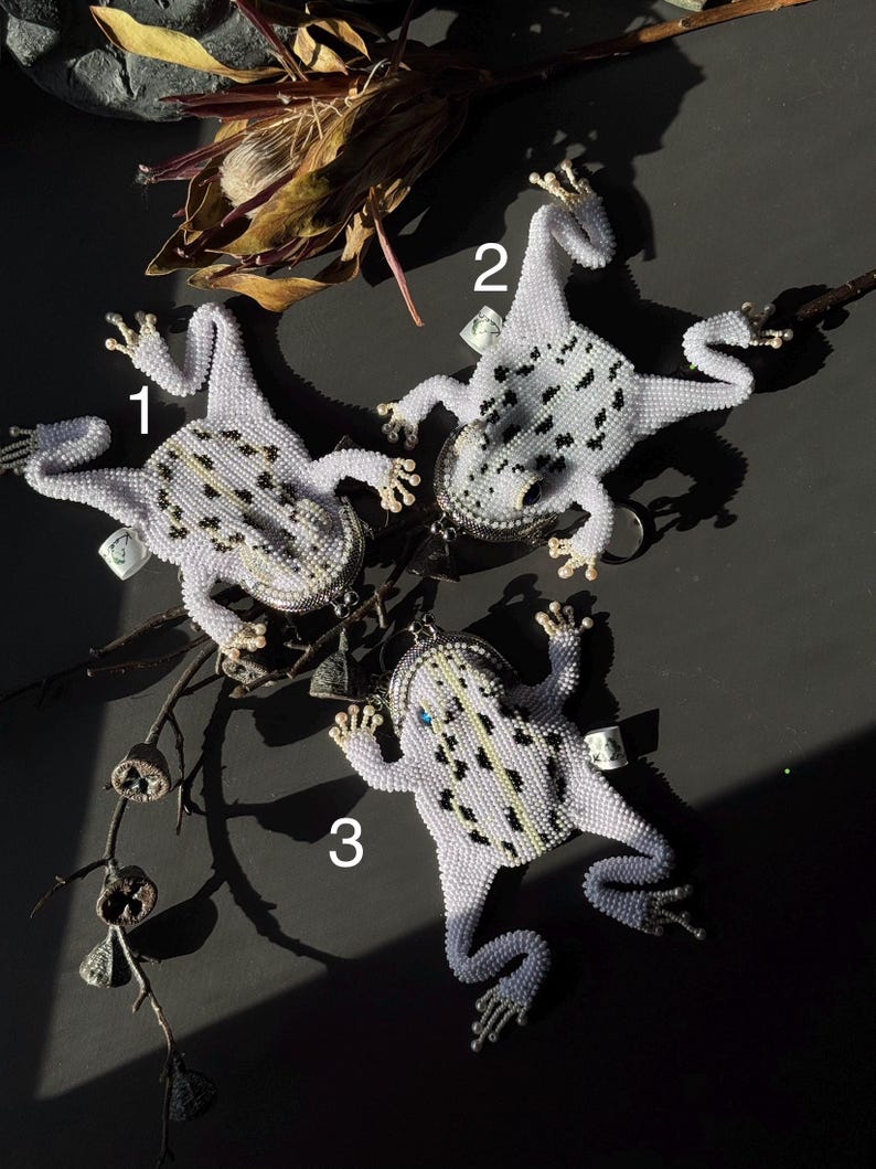 May include: Three beaded frog-shaped coin purses. Each frog is white with black and yellow spots, and has a silver-toned clasp. The frogs are arranged on a dark surface with dried plant elements.
