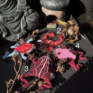 May include: Four beaded frog ornaments in red, pink, and blue hues. Each frog has intricate beadwork, with details like beaded eyes and feet. The frogs are arranged on a dark surface with dried branches and pinecones.