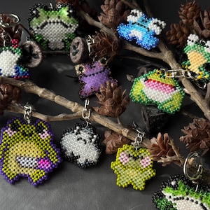 May include: A collection of beaded frog keychains in various colors, including green, blue, yellow, and purple. Each keychain features a unique frog design with detailed beadwork and a silver-tone keyring. The keychains are displayed on a natural branch with pinecones.