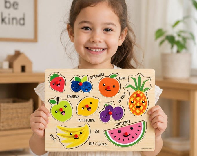 Wooden Fruit of the Spirit Peg Puzzle – Christian Learning Toy for Toddlers (Ages 1+)