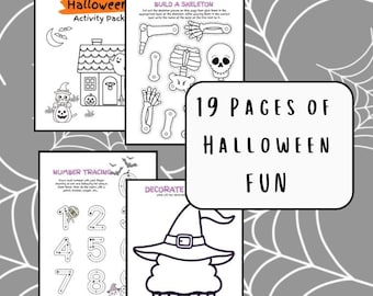 May include: A Halloween activity pack with 19 pages of fun. The pages include a build-a-skeleton activity, number tracing, and decorating pages. The cover features a house, a pumpkin, and the text "Halloween Activity Pack".