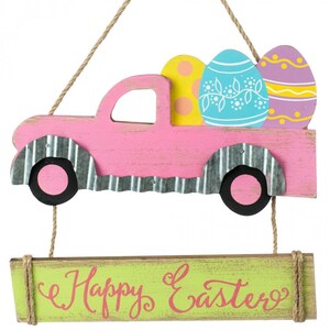 Letrero de camión de huevos de Pascua felices - 12" x 12", rosa, azul, amarillo, corona de primavera, decoración de la puerta principal, hogar, cocina, patio, oficina, aula