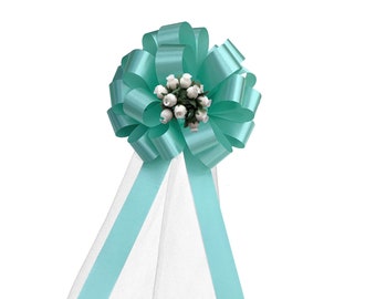 Bright Mint Pull Bows with Tulle Tails & Rosebuds - 8" Wide, Set of 6, Wedding Pew Bows, Easter, Christmas, Reception, Aisle Decor, Birthday