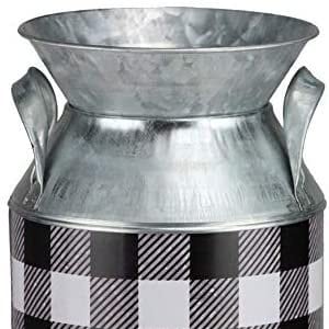 May include: A galvanized metal milk can with a black and white buffalo plaid pattern. The can has a wide opening and two handles.