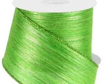 Metallic Lime Green Striped Wired Ribbon - 2 1/2" x 10 Yards, Fall, Christmas, Holiday Decor, Gift Wrapping, Wreath, Bows, Presents, Craft