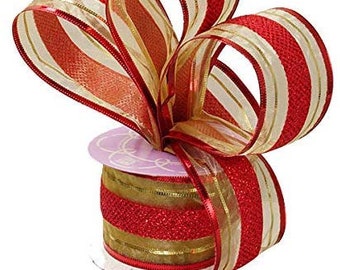 Red Gold Christmas Wired Ribbon - 2 1/2" x 10 Yards, Striped, Valentine's Day, Gift Basket, Wreath Decoration, Garland, Tree Topper Bow, Bow